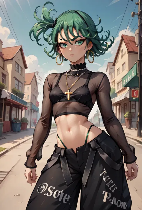 tatsumaki,green hair,curly hair,green eyes short hair,medium breast ,Side Ponytail, black bra, long sleeves, mesh crop top, baggy pants,black pants,
highleg panties , earrings,hoop earrings,cross necklace,jewelry,poese