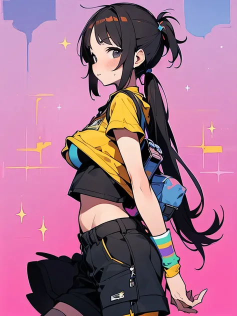 (((sideview:1.3))),((looking at viewer:1.3)),black twintail,long sideburn,((bluntbangs:1.3)),nsfw,(underboob:1.2),cute suprise:1.2,blush、walkking:1.3,Purple jersey, short black cargo pants, Boston bag,zettai ryouiki、black over-the-knee socks、 on the way ho...