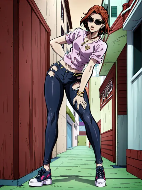 newstl, teen version of Shizuka Joestar from (JoJos Bizzare Adventure), Hirohiko Araki style, JoJo crazy stylish style, JoJo style stylish crazy color blending, stylish pose, rebellious girl in New York alley downtown, perfect white skin, dark short hair, ...