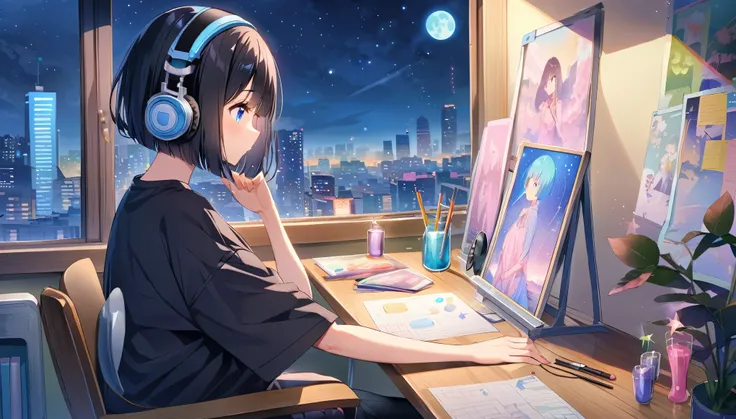 Highest quality high quality, Detailed２０One woman in her late twenties((blue eyes)) (((Shortcuts、Bobcut、Shiny black hair))) (((Are you wearing your headphones correctly?))) (Oversized black t-shirt）、A girl sitting on a chair and studying with headphones on...