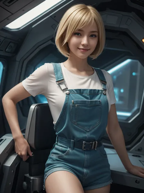 (ultra-detailed, photorealistic, best quality, 4k, 8k, highres, masterpiece:1.3), a stunning and formidable woman with a perfect athletic body, Blonde bob cut hair style, teal and grey shirt, blue bib and brace overalls, that are very dirty, she is wearing...