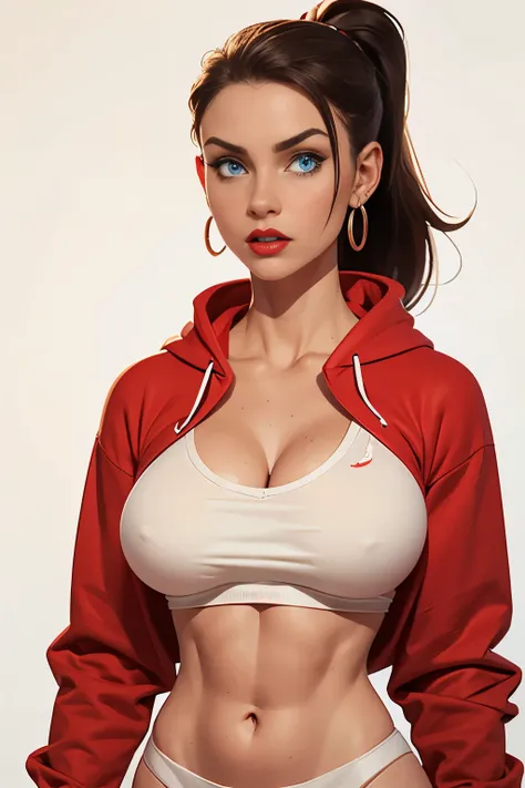 
score_9, score_8_up, score_7_up, 

Photorealistic, a female model, blue eyes, red lips, wearing a cropped hoodie, V-neck long sleeves, toned body, toned midriff, cleavage, huge breasts, earrings, ponytail, white panties. with old photo paper Vintage textu...