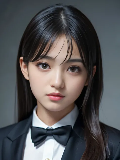 (Best-quality, Masterpiece, Ultra-High-Resolution, (Photorealistic:1.4), Raw Photo, depth of field, professional lighting, perfect anatomy, extremely details), 1girl, 15-years-old, the most famous Japanese idol, (wearing Strictly formal-suit, detailed Stri...