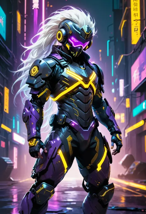 Cyberpunk armored male hero in a futuristic asymmetrical windbreaker, with neon energy accents, a golden ring headgear, and a high-tech helmet featuring advanced HUD displays, glowing interfaces, and integrated sensors. The hero has flowing white hair, add...