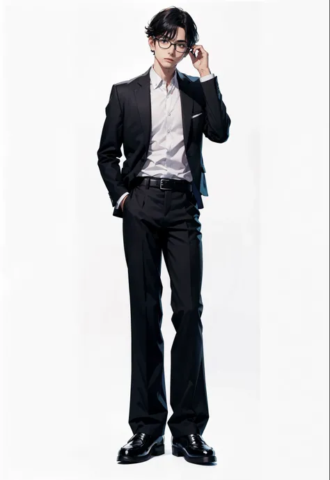 1boy, black hair, male focus, solo, white background, full body, hand in pocket, belt, black footwear, jacket, shirt, pants, black pants, simple background, standing, formal, glasses, white shirt, suit, looking at viewer