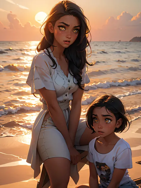 a young woman in her 20s, sitting on the beach facing sunset, her little sister playing by the water, dressed in casual clothes, sad, beautiful detailed yellow eyes, beautiful detailed lips, extremely detailed face, long lashes, natural hair, her hair is s...