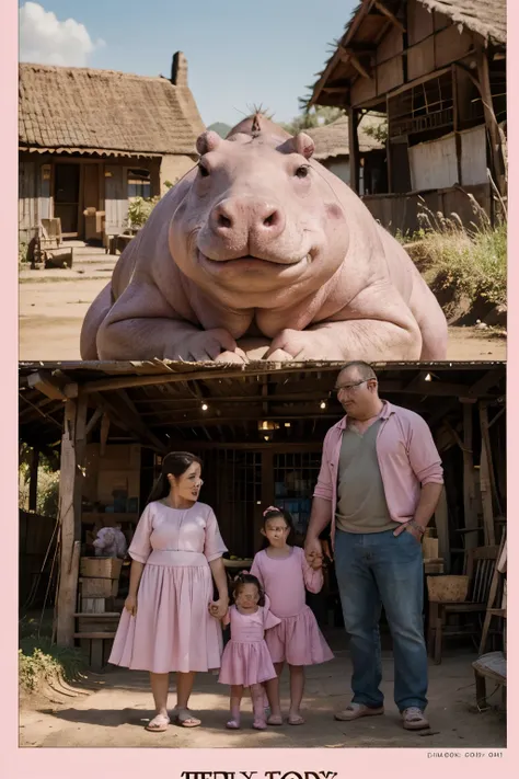 A child story front page a hippo family, with the main character named "Pinky" the only pink hippo in their village, and her father and mother, with her one best friend "buddy", and a title at the top "Pinky the hippo and the power of friendship" using Ari...