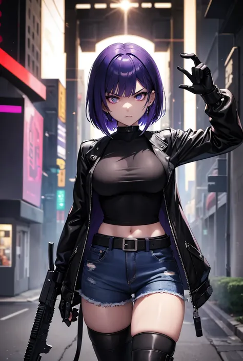 Anime Techno cyberpunk demon Hunter girl, , Violet coloured bob cut hair, blue black bullet proof open  jacket on black tight fitted T shirt, black finger cut gloves , two lazer pistols,wearing jeans,serious face, angry eyes, city background , High Details...