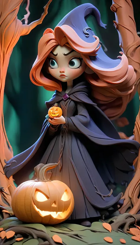 claymation animation of A female figure with a carved, glowing pumpkin for a head, wearing a tattered, dark witchs cloak. She stands in a shadowy forest, surrounded by twisted trees, with the full moon casting an eerie glow. Her hands hold a flickering lan...