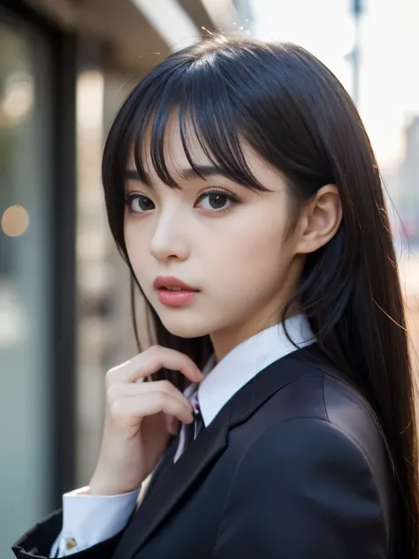 (Best-quality, Masterpiece, Ultra-High-Resolution, (Photorealistic:1.4), Raw Photo, depth of field, professional lighting, perfect anatomy, extremely details), 1girl, 15-years-old, the most famous Japanese idol, (((wearing Fashionable business-suit, detail...