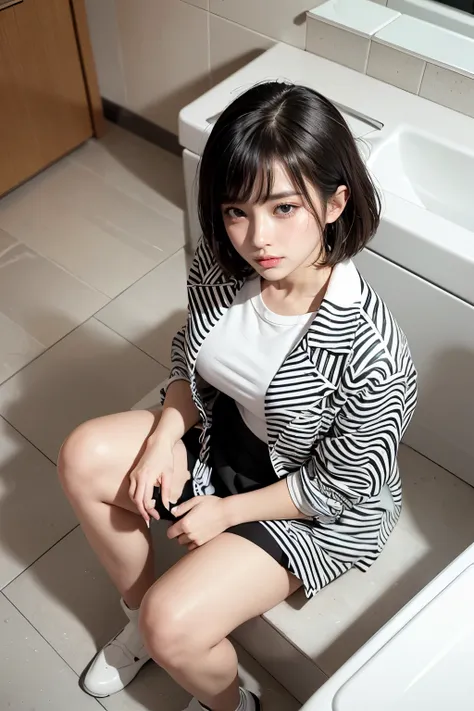 photorealistic, beautiful japanese woman, zebra pattern jacket, white shirt, zebra pattern skirt, platform loafers
Plump breast, Medium bob hair,
(sitting in bathroom:1.3),(From top view:1.3)