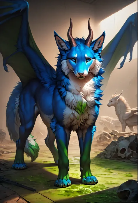 darra, female, full body,feral, furred dragon, female, white and blue fur with green blood stains on the fur, wings, horns, tail, chest fluff, paws, fangs, ton back, faded blue eyes, a quadruped creature, detailed fur, intricate textures, detailed backgrou...