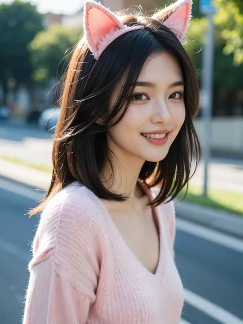 smiling happily, wink, running to viewer, upper body, smiling wide, diamond face shape, looking at viewer, (wear pink sweater), ultra high resolution, (realistic: 1.4), (road), black hair, full body, (so large breasts), running, bob cut, Iridescent hair, w...