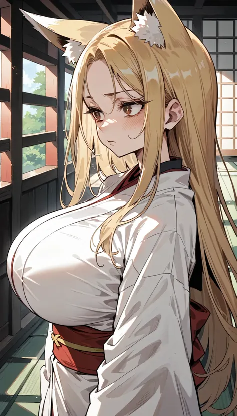 ((looking away,turn face away,look down)),blush.Cold Stare,(hi-quality,high resolution),((Fox Ears)),(((forehead,asymmetrical hair))),(((very turime,very long slit eyes))),(shrine maiden),((oblong face,squared face)),((huge breasts)),(((very narrow eyes)))...