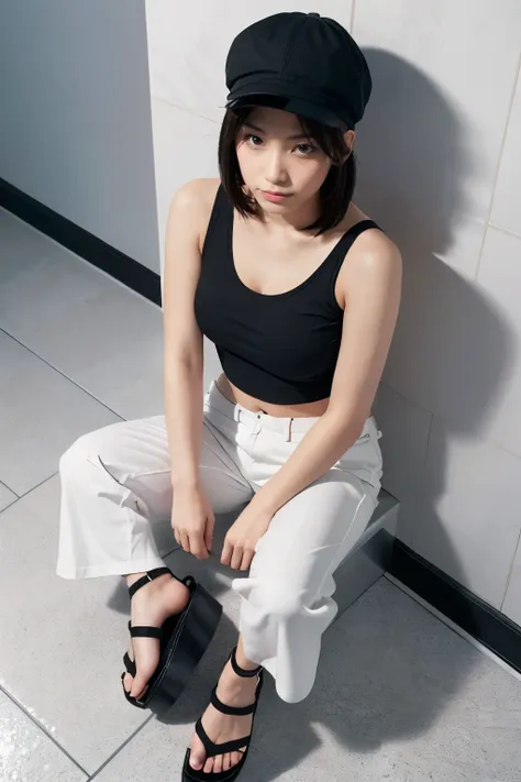 photorealistic, beautiful japanese woman, black cap, black short tank top, navel, white lightweight jacket, black loose pants, black platform sandals,

Plump breast, Medium bob hair,
(sitting in bathroom:1.3),(From top view:1.3)