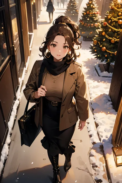 1woman, Curly Hair, ponytail, light brown hair, brown eyes, lips, gold earrings, blak shirt, coat, camel long skirt, long boots, handbag bag, from above, walking, dark sky, black cloud, street, city, (winter), (Christmas), (christmas tree), (snow scene)