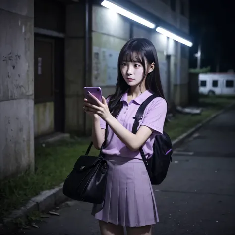 One korean college girl recording video wtih her phone having deep cut on cheek ans blood dripping from one eye in scared expression . Full body posture image Holding smartphone in hand while recording with alertness in dark abandoned hospital wearing ligh...