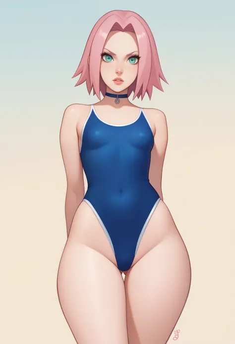 Haruno Sakura.short pale pink hair, large light green eyes, a large forehead, thin lips, small saggy breasts and very fair skin. huge hips. A disdainfully angry expression on his face. choker. one-piece swimsuit. beach. rear view. bottom view