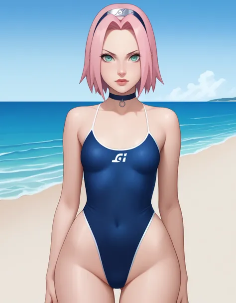 Haruno Sakura.short pale pink hair, large light green eyes, a large forehead, thin lips, small saggy breasts and very fair skin. huge hips. A disdainfully angry expression on his face. choker. one-piece swimsuit. beach. rear view. bottom view