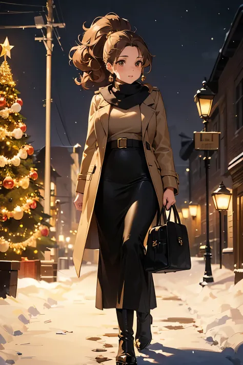 1woman, Curly Hair, ponytail, light brown hair, brown eyes, lips, gold earrings, blak shirt, coat, camel long skirt, long boots, handbag bag, walking, dark sky, black cloud, city, (winter), (
happy merry
Christmas), (christmas tree), (snow scene)