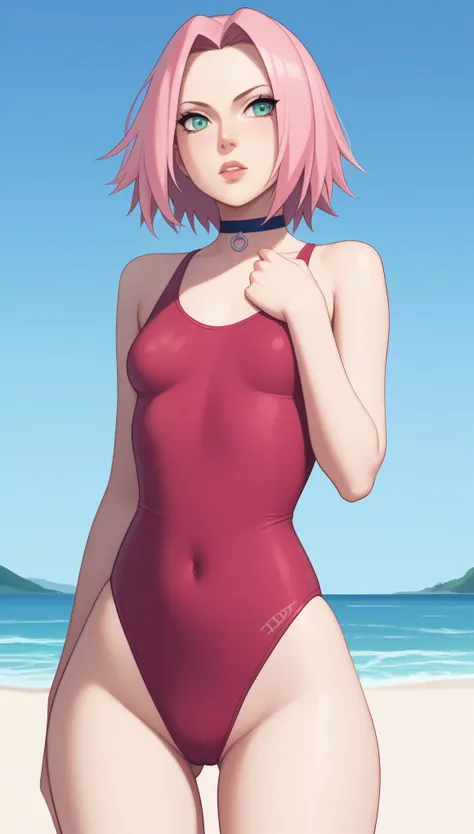 Haruno Sakura.short pale pink hair, large light green eyes, a large forehead, thin lips, small saggy breasts and very fair skin. huge hips. A disdainfully angry expression on his face. choker. one-piece swimsuit. beach. rear view. bottom view