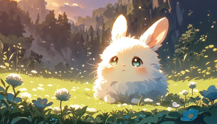 Create a close-up, animated illustration of a fluffy baby bunny sitting in a field of clover. Emphasize the soft fur, big eyes, and twitching nose of the bunny. The background should be a gentle, highlighting the cuteness and innocence of the baby bunny, b...