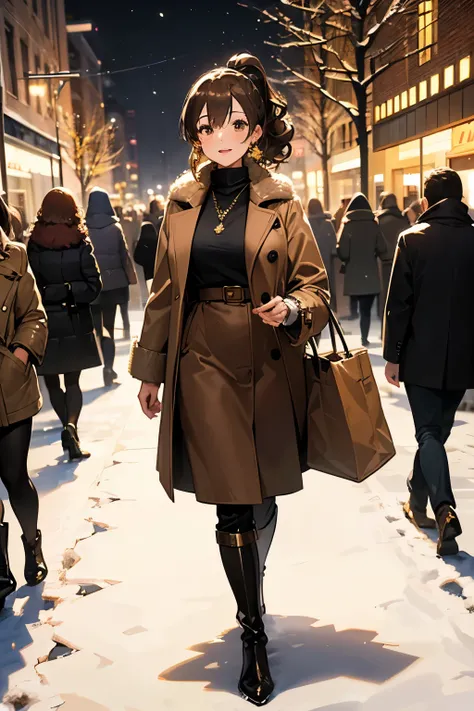 1woman, Curly Hair, ponytail, light brown hair, brown eyes, lips, gold earrings, blak shirt, coat, camel long skirt, long boots, handbag bag, walking, dark sky, black cloud, city, (winter), (
happy merry
Christmas), (christmas tree), (snow scene)