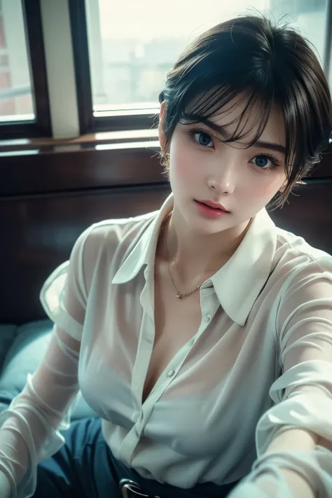 Lying on the sofa、Super sexy short hair，((She is wearing a stylish blouse))，Clear Eyes，（Looking down at the viewer：0.8），One girl，Shiny skin，（masterpiece;1.0), (realism:1.4), (Soft Focus:1.2)、Light leaking from the window,Captivating look