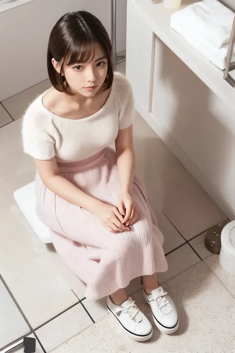 photorealistic, beautiful japanese woman, white mohair knit top,dusty pink long skirt, white  platform sneakers,japanese latest fashion, white mini bag

Plump breast, Medium bob hair,
(sitting in bathroom:1.3),(From top view:1.3)