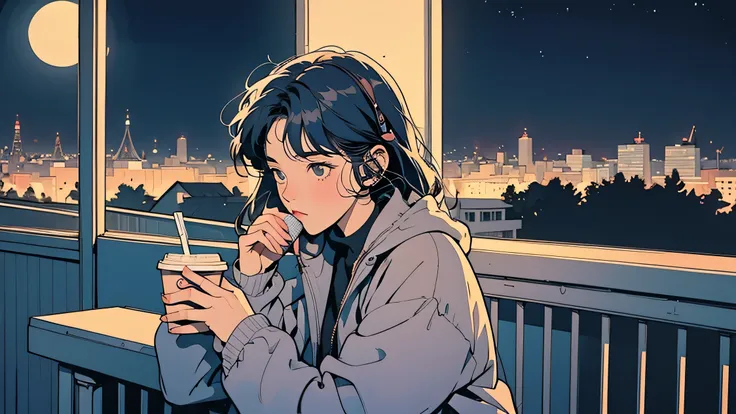 a girl drinking hot coffee while listening to jazz music through headphones, watching the night sky from the balcony, alone, lof...