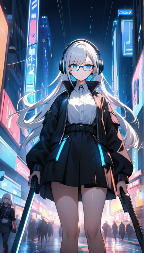 "high quality, Highly detailed painting of a young woman with long silver hair and a black dress..,, Height 170 cm. Reminiscent of military uniforms, I have a white shirt.., Black jacket, Wear blue glowing headphones,Wearing black square glasses, And empha...