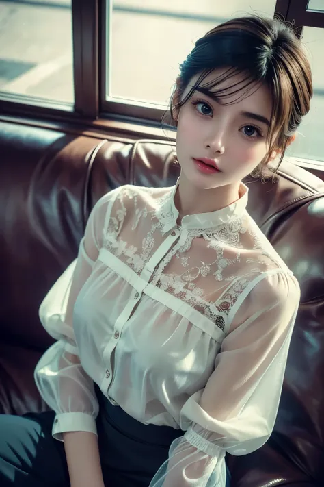 Lying on the sofa、Super sexy short hair，((She is wearing a stylish lace blouse.))，Clear Eyes，（Looking down at the viewer：0.8），One girl，Shiny skin，（masterpiece;1.0), (realism:1.4), (Soft Focus:1.2)、Light leaking from the window,Captivating look