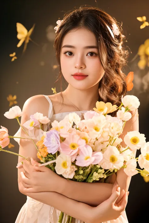 there is a young girl holding a bouquet of flowers in her hands, with flowers, female portrait with flowers, girl in flowers, holding flowers, with frozen flowers around her, photo taken with nikon d750, photo taken with nikon d 7 5 0, holding magic flower...