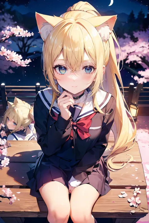 masterpiece, 4K, bokeh,best quality, realistic, 
 (Bright Blonde hair:1.6), (ponytail:1.2),(Blushed face:1.3), (Three girls in:1.2),  (Cat ears:1.3), 
(sitting:1.2), (Cherry blossoms in full bloom:1.3),
uniform, Looking at the audience,
(Beautiful night sk...