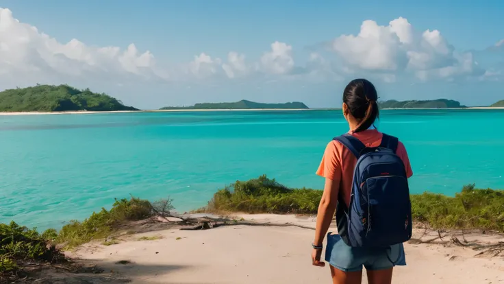 A British girl enjoy travel at Manukan Island, facing back, full body with backpack, do not reveal face, stand at left