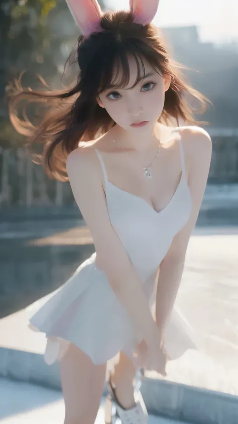 ice skater,
17th, 1 girl,
Long black hair, bangs,
Wind-blown hair,
(Bunny ear girl)
Double eyelids,
(makeup:0.9),
(Perfect face. Delicate face),
(Jewelry, necklace, earrings),
(White skin),
(Adult body type),
Kirara Jump, Perfect body.
(Adult body type, Me...