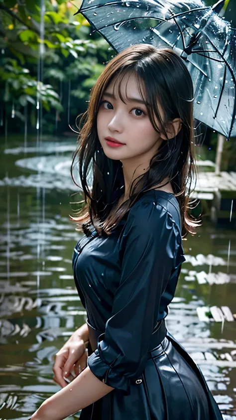 highres, ultra detailed, photorealistic, (raining heavily:1.4), 1 beautiful japanese girl, umbrella, highly detailed beautiful f...