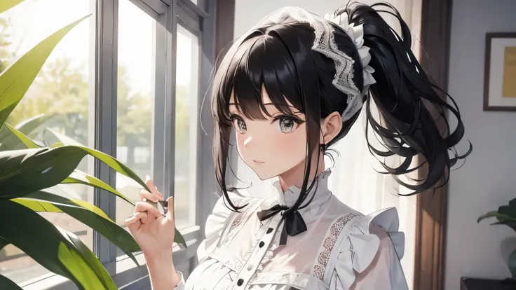 A beautiful woman wearing a white blouse and skirt with lots of frills and lace　Black hair ponytail with hair ornament　Upper Body