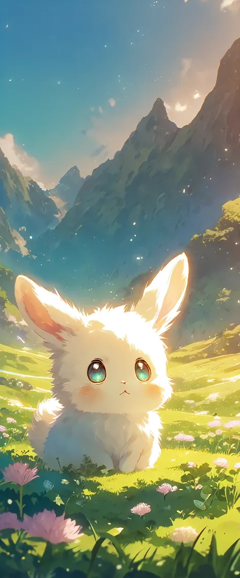 Create a close-up, animated illustration of a fluffy baby bunny sitting in a field of clover. Emphasize the soft fur, big eyes, and twitching nose of the bunny. The background should be a gentle, highlighting the cuteness and innocence of the baby bunny, b...