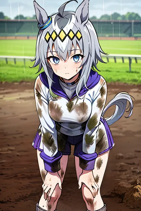 ((, Multiple Representations )),Silver Hair,Ahoge,short hair,tail,whole body,Yellow hair band,Jersey,run,Muddy Racecourse,My clothes are dirty with mud,rain,forward leaning posture
