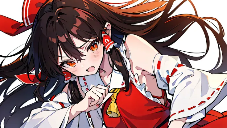 Drawing the Touhou character Reimu Hakurei、Hair color is brownish black。The outfit is the shrine maiden outfit of Touhou character Hakurei Reimu。Beautiful Face、Orange Eyes、Detailed hands、Detailed eyes、Detailed clothing、blush、One girl with embarrassed and a...