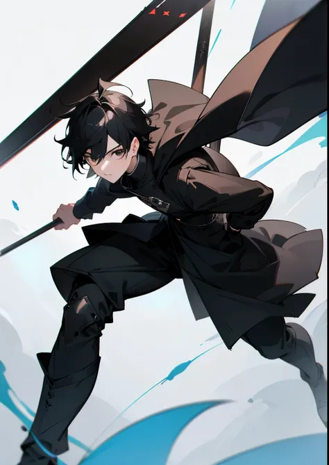 Young man、black、 Gothic、SF、Moe、Thick Coating、High image quality、、８k、High resolution、Holding a six-foot stick、Fine skin、Short Hair、Character portrait、Above knee angle、black髪、whole body、