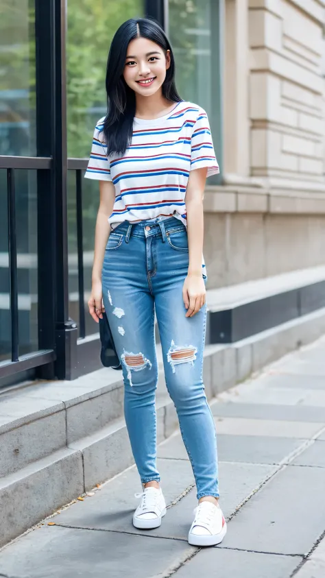 A girl is standing 、Full body photo、White striped t-shirt, Blue skinny jeans, Black Hair,、耳にピアス、 , smile, with sneaker, University

