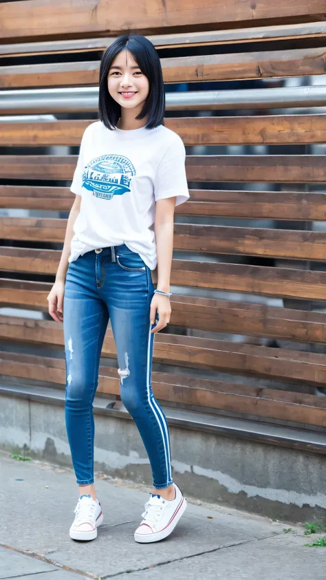 A girl is standing 、Full body photo、White striped t-shirt, Blue skinny jeans, Black Hair,、耳にピアス、 , smile, with sneaker, University

