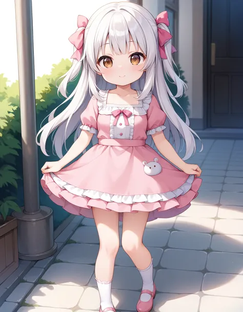 Masterpiece, hd, anime - style girl in pink dress and shoes standing on sidewalk,(little girl), children, child playing ,Slender body, , small breasts, thing leg , kawaii portrait, cute kawaii girl, (loli in dress), brown long hair, Bangs, white hair ribbo...