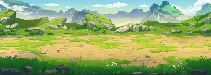 Game scene, There are no humans., Hillside, Cliff, The sky, Cloud layer, Mountains, Grassland, Flowers, Soil, Crushed stone, Ultra high definition, Details, Illusory engine 5, Animation