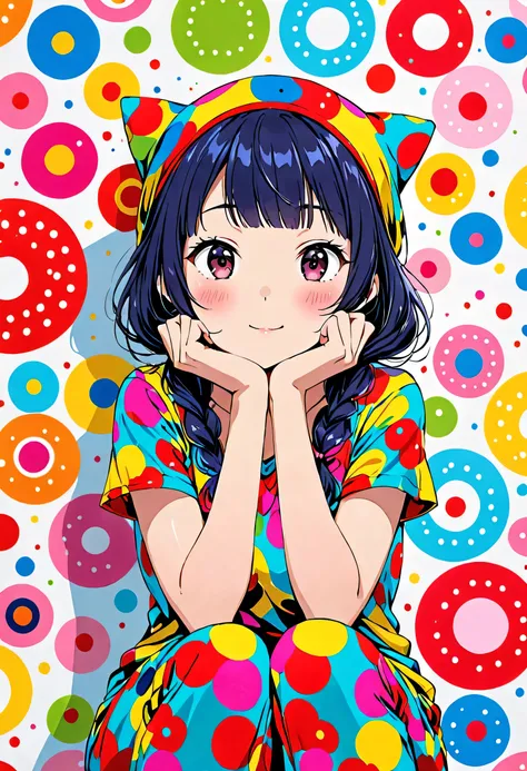 Ultra-realism Yayoi Kusama colorful style, Simple Line Initialism，Abstract art，(((The most beautiful girl of all time))), colorful hearts, kawaii design, sports fashion, Dark Eyes, (((Holiday Room))), (((Cute amoeba)))