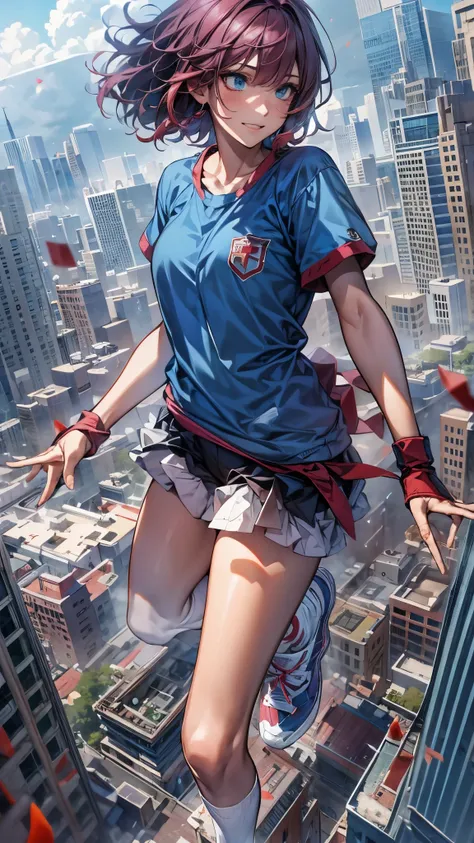 World end,put ((both hands forward)),a girl with short hair, blue and red hair, slender body, wearing jersey, sports style, socks and sneakers, floating in the air, psychic battle with a psychopath, debris and collapsing city in the background, rage expres...