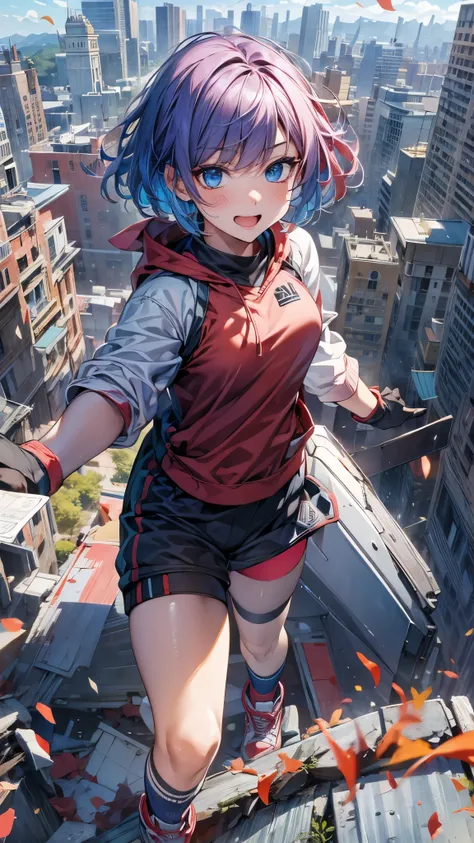 World end,put ((both hands forward)),a girl with short hair, blue and red hair, slender body, wearing jersey, sports style, socks and sneakers, floating in the air, psychic battle with a psychopath, debris and collapsing city in the background, rage expres...