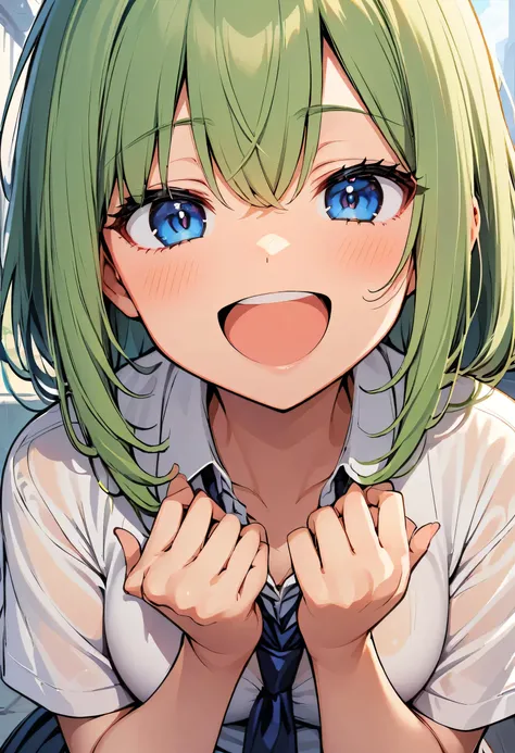 A girl with green hair and blue eyes opens her mouth and smiles while saying